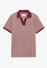 Camisa polo de manga corta en un tejido burdeos y rojo claro, con un profundo escote en V y un cuello y puños burdeos a contraste.