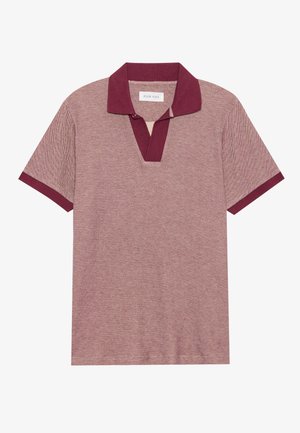 Kortärmad polo med bordeaux- och ljusröd struktur, med en djup v-ringning och kontrasterande bordeauxfärgad krage och manschetter.