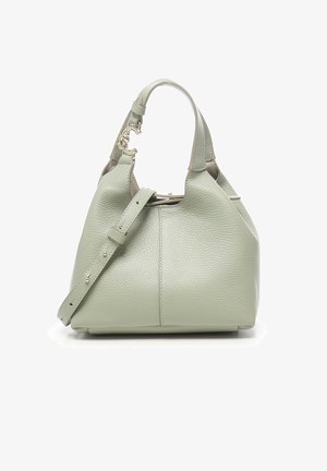 Hellgrüne Lederhandtasche mit abgerundeter Form, abnehmbarem Schulterriemen, strukturierter Oberfläche und goldfarbenen Beschlägen.