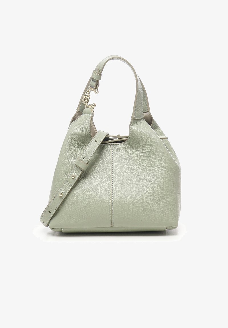 Borsa a mano in pelle verde chiaro con una forma arrotondata, dotata di tracolla rimovibile, superficie testurizzata e dettagli in metallo color oro.