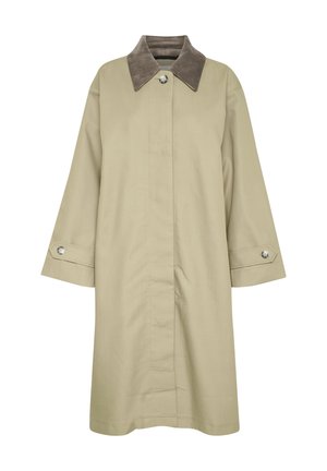 Khaki plašč s teksturiranim sivim ovratnikom, gumbom za zapiranje in širokimi rokavi. Ima stranske razpoke in kovinske gumbaste okraske.