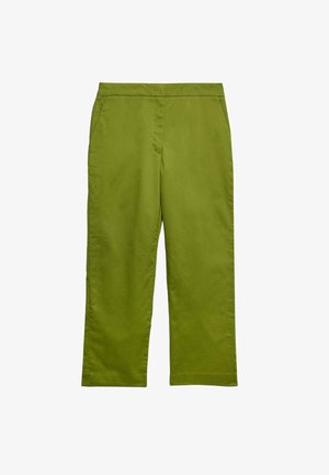 Pantaloni in misto cotone verde con design a gamba dritta, patta con zip e tasche laterali, texture liscia e un leggero brillante.