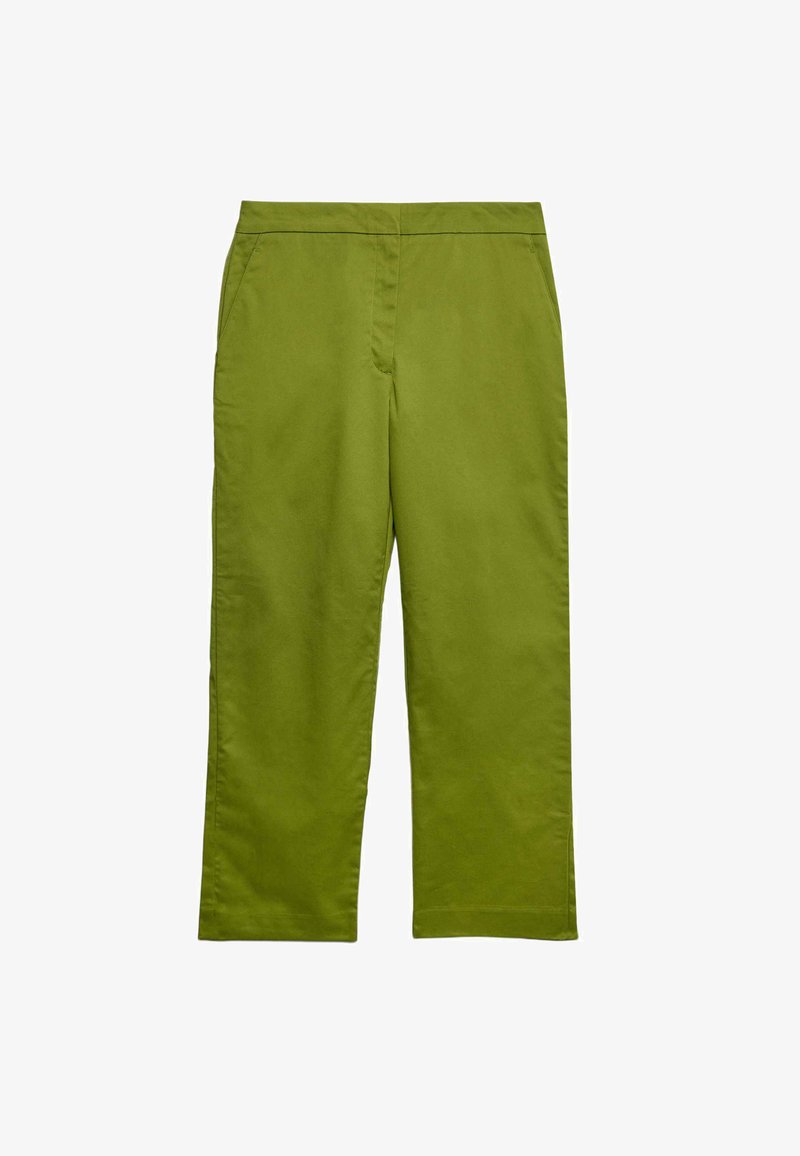Groene katoenen broek van een gemengde stof met een rechte pijpdesign, ritssluiting en zijzakken, met een gladde textuur en een subtiele glans.
