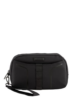Black, nylon pouch with a textured surface, top zipper closure, front strap detail, and side handle for carrying convenience.