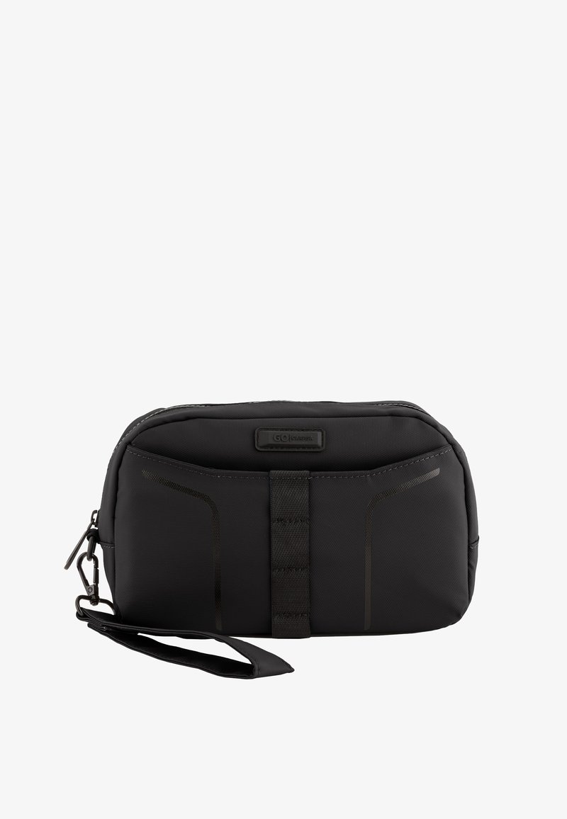Czarna, nylonowa saszetka o teksturowanej powierzchni, z zamknięciem na górze, detalem paska z przodu oraz uchwytem bocznym dla wygody noszenia.