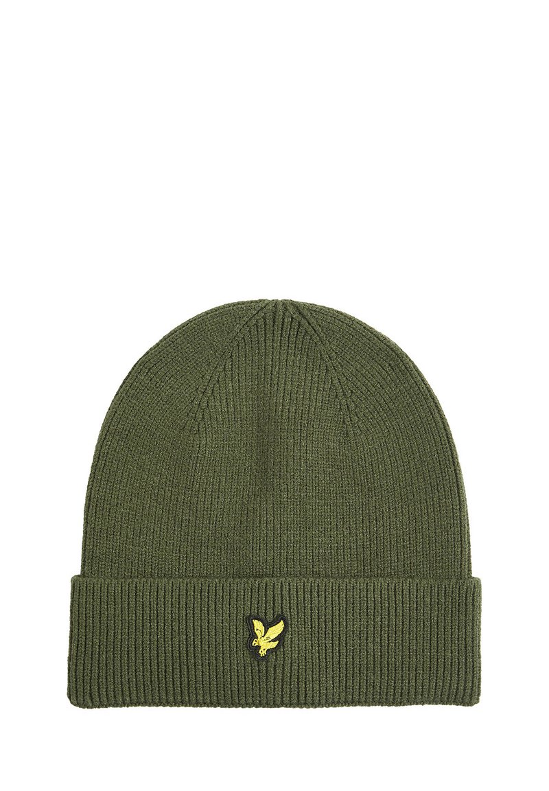 Beanie a coste verde con risvolto e piccolo logo di un uccellino giallo ricamato al centro anteriore.