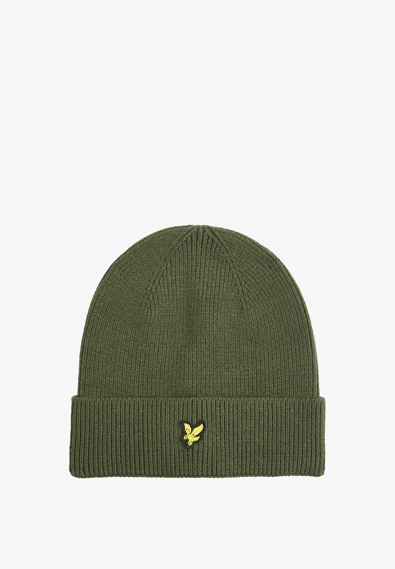 Beanie a coste verde con risvolto e piccolo logo di un uccellino giallo ricamato al centro anteriore.