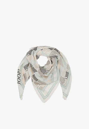 Hellfarbener dreieckiger Schal mit geometrischen Streifenmustern und dem Schriftzug "JOOP!" an den Rändern, locker auf einem weißen Hintergrund gefaltet.