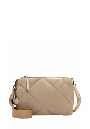 Quilted beige bag with a zip closure, adjustable strap, and silver hardware. Features a textured pattern and a side tag detail.
