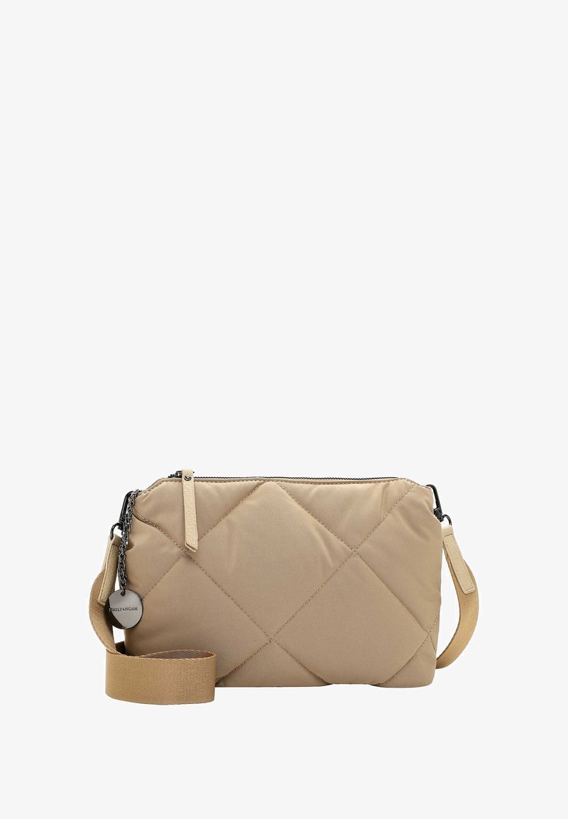 Quilted beige bag with a zip closure, adjustable strap, and silver hardware. Features a textured pattern and a side tag detail.