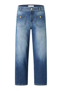 Helle blaue Jeans im Used-Look, mit geradem Bein, zwei Gesäßtaschen und goldenen Hardware-Details.