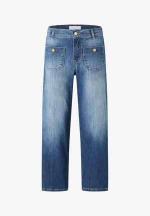 Jeans din denim de un albastru deschis cu un efect de decolorare, design cu picior drept, două buzunare la spate și accente din metal auriu.