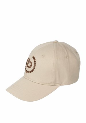 Gorra de béisbol beige hecha de tela de algodón, con un logotipo bordado en marrón rodeado de hojas de laurel en la parte frontal.