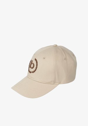Beige színű baseball sapka, pamutanyagból készült, az elején barna hímzett logóval, amelyet babérlevelek vesznek körül.