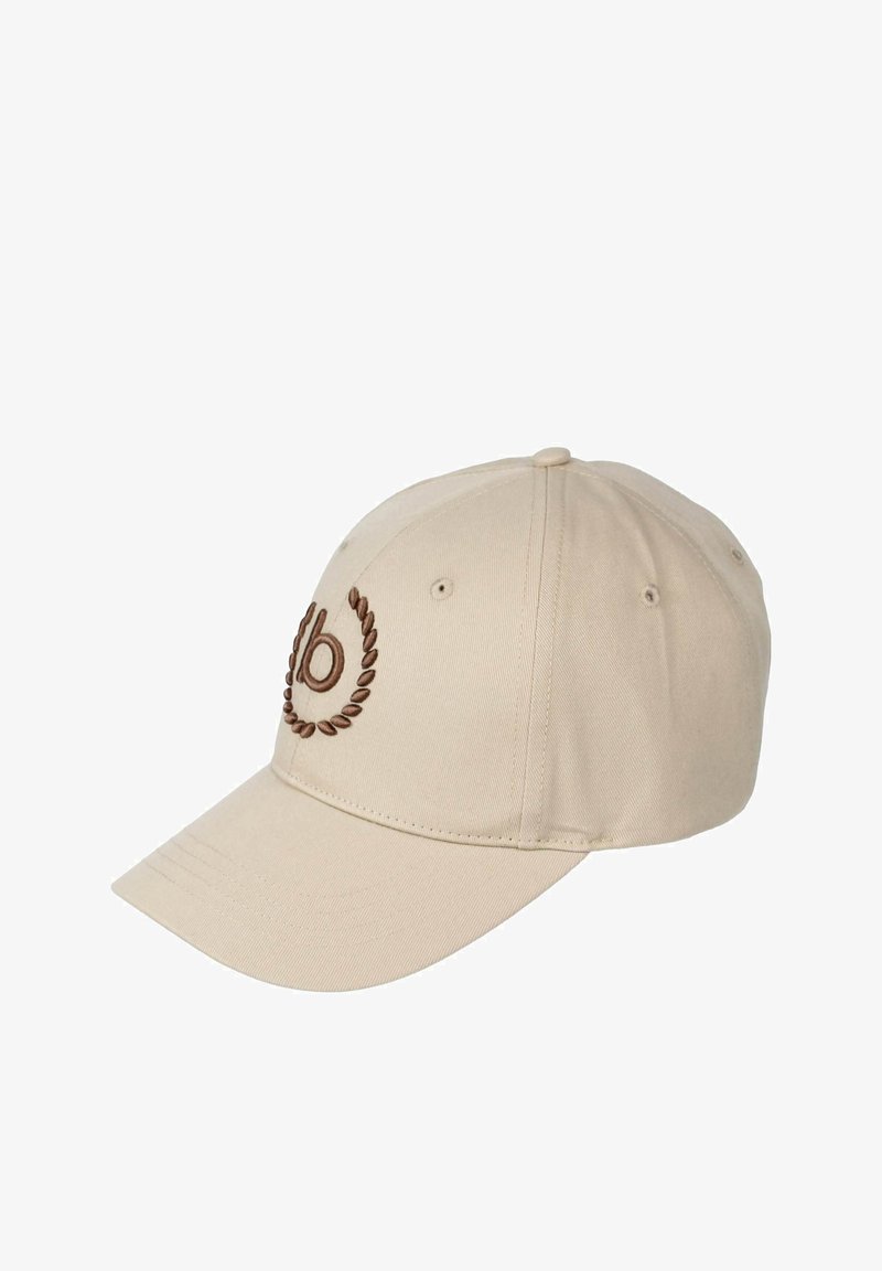 Beige színű baseball sapka, pamutanyagból készült, az elején barna hímzett logóval, amelyet babérlevelek vesznek körül.