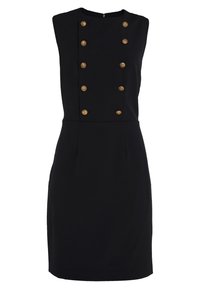 Mustat hihattomat mekot, joissa on tiivis siluetti, kultaiset koristepainikkeet ja hienovarainen tekstuuri.