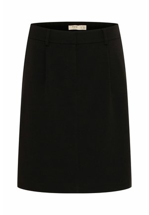 Juoda sijonas, pagamintas iš minkštos medžiagos, pasižymintis tiesia iškirpte, vidutinio ilgio iki šlaunų ir subtiliais priekiniais raukiniais, pridėtais detalėms.