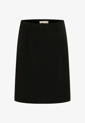 Juoda sijonas, pagamintas iš minkštos medžiagos, pasižymintis tiesia iškirpte, vidutinio ilgio iki šlaunų ir subtiliais priekiniais raukiniais, pridėtais detalėms.