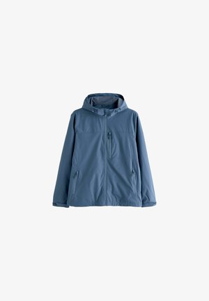 Blue, lightweight jacket with a hood, featuring a front zipper, two side pockets, and a chest pocket. Smooth fabric with a matte finish.