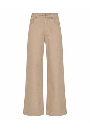 Beige wijde broek met steekzakken, riemlussen en een vooraan met knoop en rits te sluiten, getoond op een witte achtergrond.