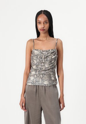 Snake-print cami top made from lightweight fabric, featuring ruching, thin spaghetti straps, and a fitted silhouette. Color: beige and gray.
