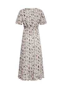 Maxikleid aus leichtem Stoff mit abstraktem pinken, schwarzen und weißen Zickzackmuster. Kurze Ärmel und ein Taillenzugdetail, weit auslaufender Saum.