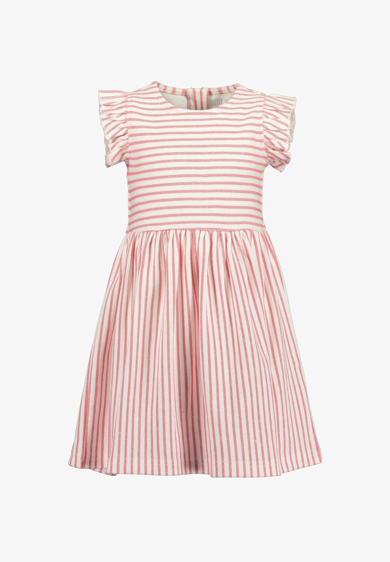 Robe fille avec des rayures horizontales roses et blanches sur le corsage, des rayures verticales sur la jupe et des manches courtes à volants.
