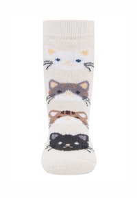 Skarpetki do kostek dziane w jasnym beżu, z motywem czterech kolorowych kotów w stylu kreskówkowym: białym, brązowym, szarym i czarnym.