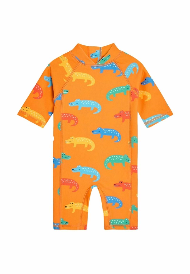 Combinaison orange manches courtes pour tout-petit avec des imprimés d’alligator colorés en bleu, rouge, jaune et vert, dotée d’une fermeture éclair à l’avant et de jambes courtes.