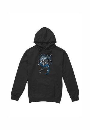 Black hoodie with front kangaroo pocket featuring a blue and white superhero graphic with lightning and cityscape background.