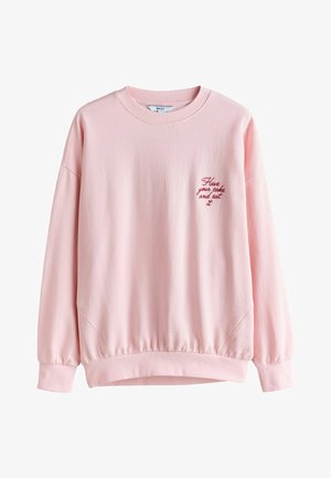 Rozā džemperis no mīksta auduma; tam ir apaļa kakla izgriezums, garas piedurknes, elastīgi aproces un uz krūtīm izšūts citāts.