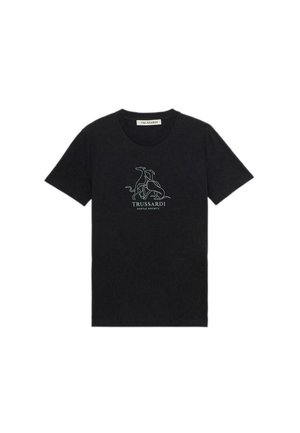 T-shirt nera in cotone con maniche corte e scollo rotondo. Presenta un design grafico di cani e la scritta "TRUESSARDI GENTLE SOCIETY" in bianco.