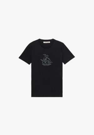 T-shirt nera in cotone con maniche corte e scollo rotondo. Presenta un design grafico di cani e la scritta "TRUESSARDI GENTLE SOCIETY" in bianco.