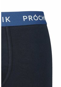 Granatowe męskie bokserki wykonane z elastycznej bawełny, z szerokim elastycznym paskiem z białym napisem "PRÓCHIK". Gładka tekstura.