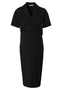 Schwarzes knielanges Kleid mit kurzen Ärmeln und einem Bindegurt in der Taille. Aus glattem Stoff gefertigt, mit einem Kragen und einer taillierten Silhouette.