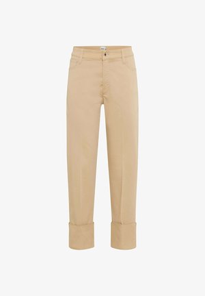 Pantaloni beige a gamba dritta con orli risvoltati, chiusura anteriore con bottoni e zip, passanti per cintura e tasche frontali.