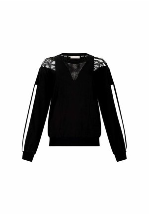 Felpa nera con yoke in pizzo, scollatura a V e maniche lunghe leggermente gonfie con strisce bianche lungo le braccia. Orlo a coste.