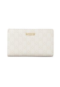 Biely peňaženka vyrobená z textúrovaného syntetického koženého materiálu, s jemným embosovaným vzorom a zlatým logom Kazar na prednej strane. Hladký povrch.