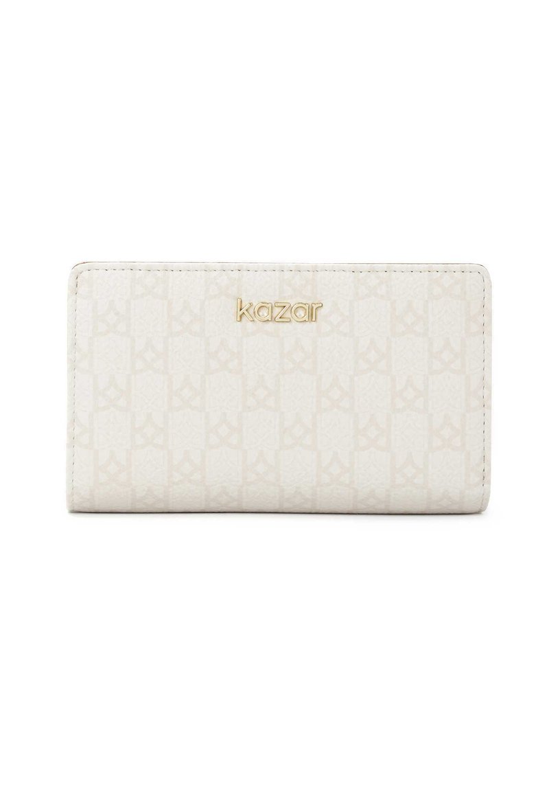 Biely peňaženka vyrobená z textúrovaného syntetického koženého materiálu, s jemným embosovaným vzorom a zlatým logom Kazar na prednej strane. Hladký povrch.
