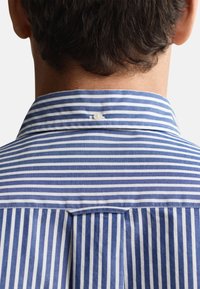 Koszula w paski w kolorze niebieskim i białym z guzikiem z tyłu kołnierza. Charakteryzuje się dopasowanym krojem i miękką teksturą tkaniny.