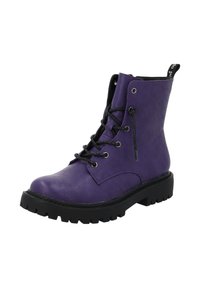 Paarse leren veterlaars met een dikke zwarte rubberen zool en een aantreklus aan de achterkant, ontworpen voor casual of stevig gebruik.