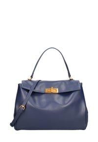 Sac à main en cuir bleu au design structuré, doté d'un fermoir en métal doré et d'une bandoulière amovible. Texture lisse avec un léger éclat.