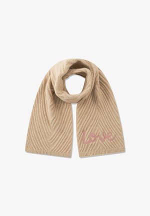 Beige knitted scarf featuring a chevron texture with the word "Love" embroidered in pink on one end.