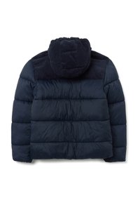 Giacca imbottita blu navy con cappuccio e pannello in corduroy, texture trapuntata e polsini elasticizzati, progettata per calore e comfort.