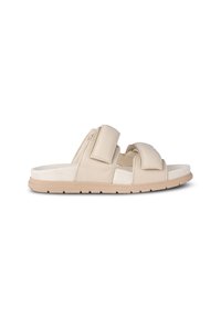 Beige lädersandaler med två breda remmar och en platt sula. Texturen är slät, med en formad fotbädd och en lätt design.