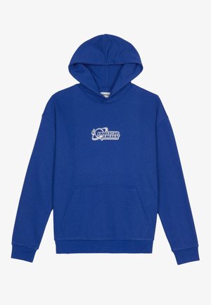 Sweat à capuche bleu avec poche kangourou à l'avant et logo blanc « Universal Energy » centré sur la poitrine.