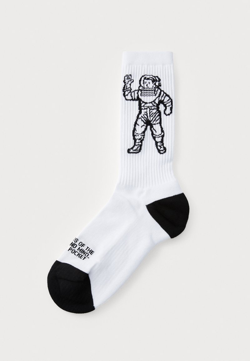 White crew sock with black toe and heel featuring a black astronaut graphic and text on the sole. Ribbed texture throughout.