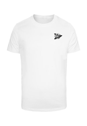 Hvid bomulds t-shirt med et sort-hvidt rosenmotiv på venstre brystområde. Klassisk rund halsudskæring og korte ærmer.