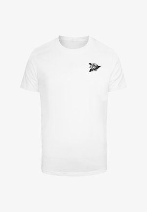 Weißes Baumwoll-T-Shirt mit einem schwarz-weißen Rosengrafik im linken Brustbereich. Klassischer Rundhalsausschnitt und kurze Ärmel.