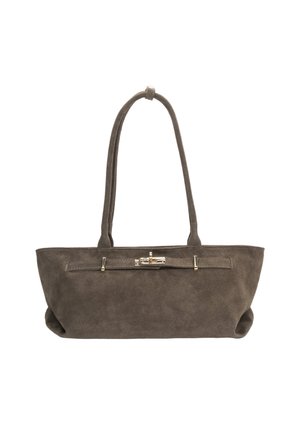 Szara skórzana torba typu tote z płaskim dnem, krótkimi uchwytami i złotą metalową klamrą przy zapięciu. Gładka faktura i minimalistyczny design.